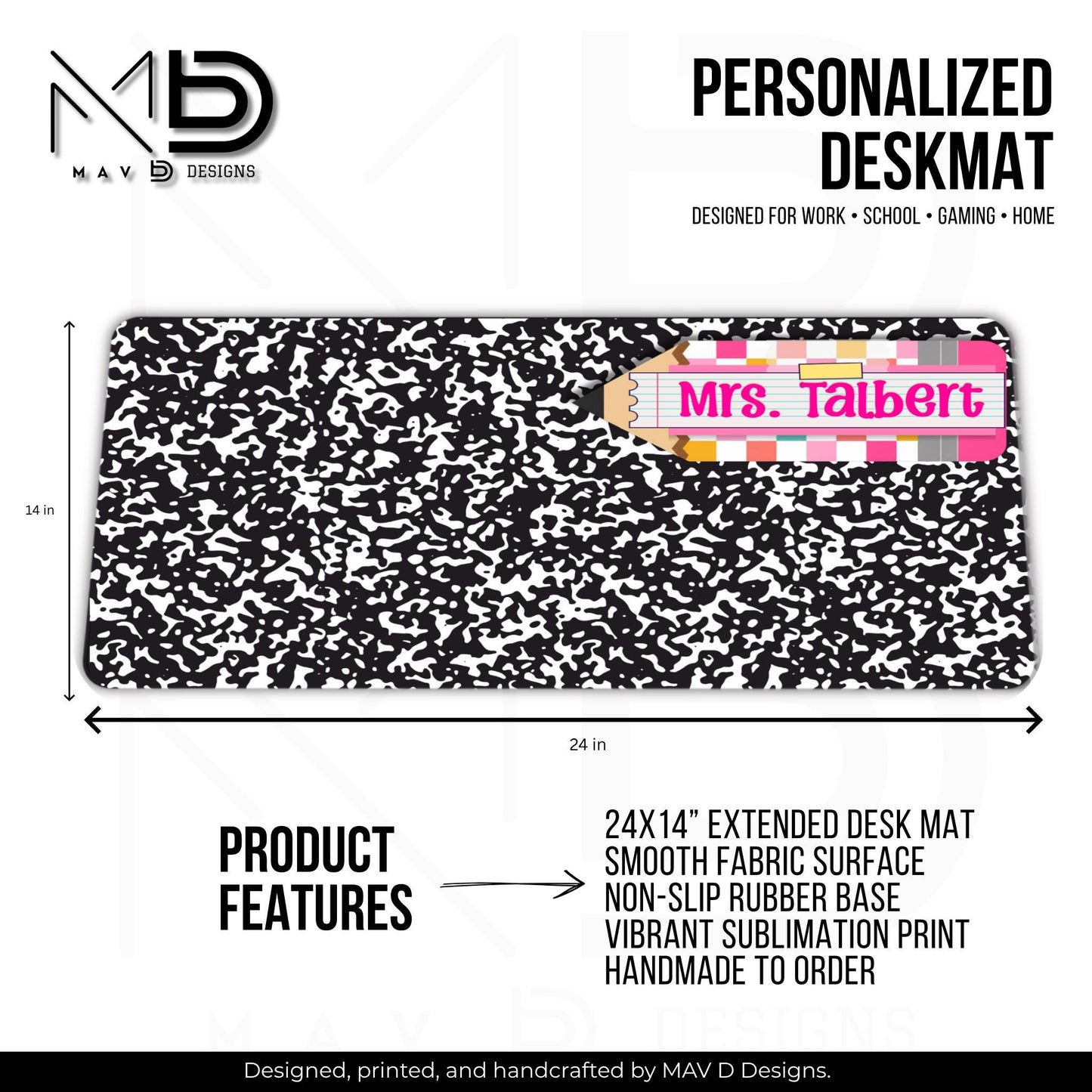 Personalized Deskmat | Black Composition | Pink Post It Washi Tape Checkered Pencil Layer | Custom Name