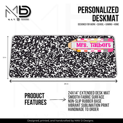 Personalized Deskmat | Black Composition | Pink Post It Washi Tape Checkered Pencil Layer | Custom Name