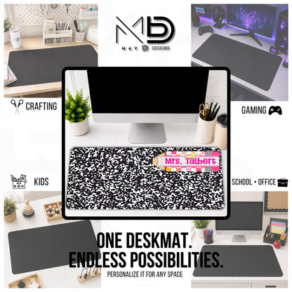 Personalized Deskmat | Black Composition | Pink Post It Washi Tape Checkered Pencil Layer | Custom Name