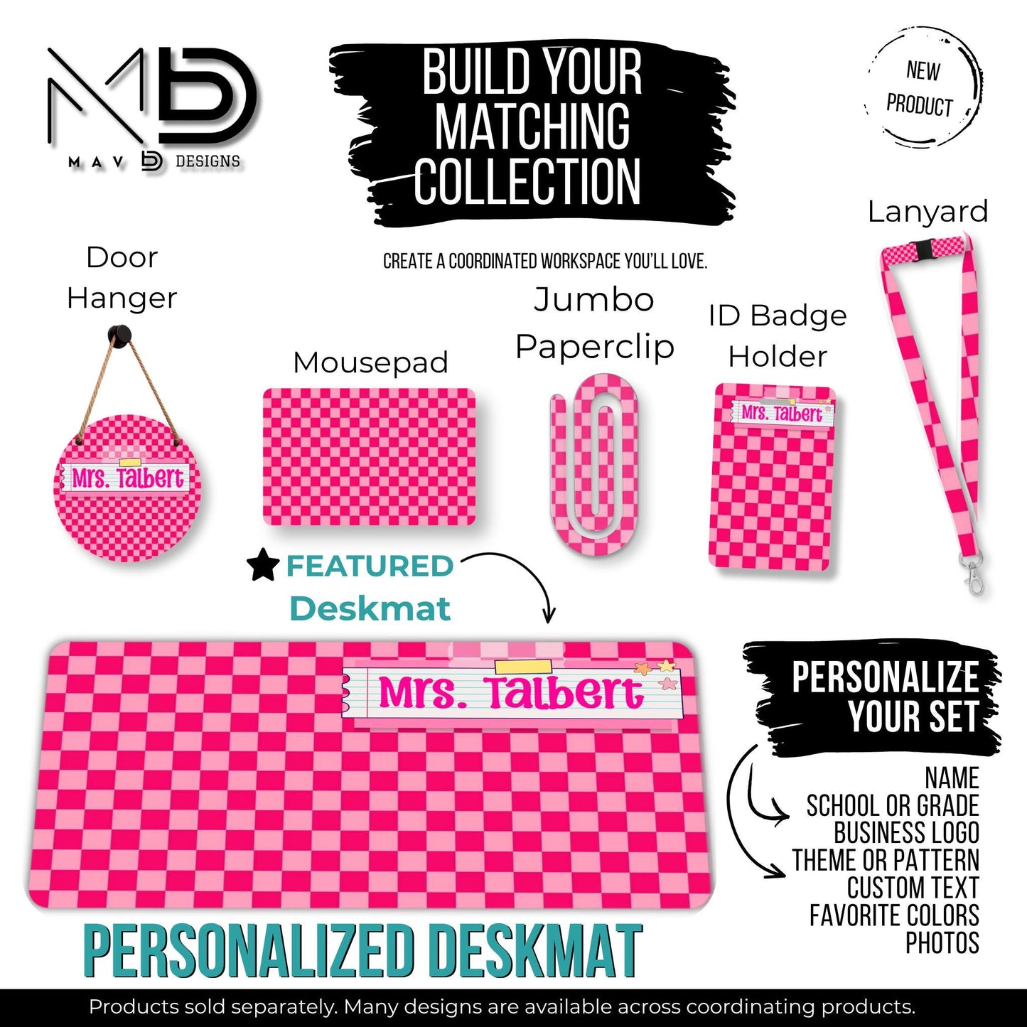 Personalized Deskmat | Hot Pink Checkered | Pink Post It Washi Tape Nameplate | Custom Name