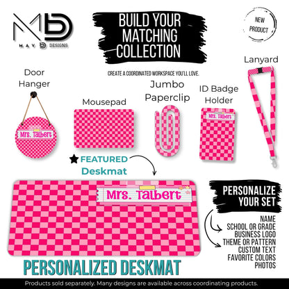 Personalized Deskmat | Hot Pink Checkered | Pink Post It Washi Tape Nameplate | Custom Name