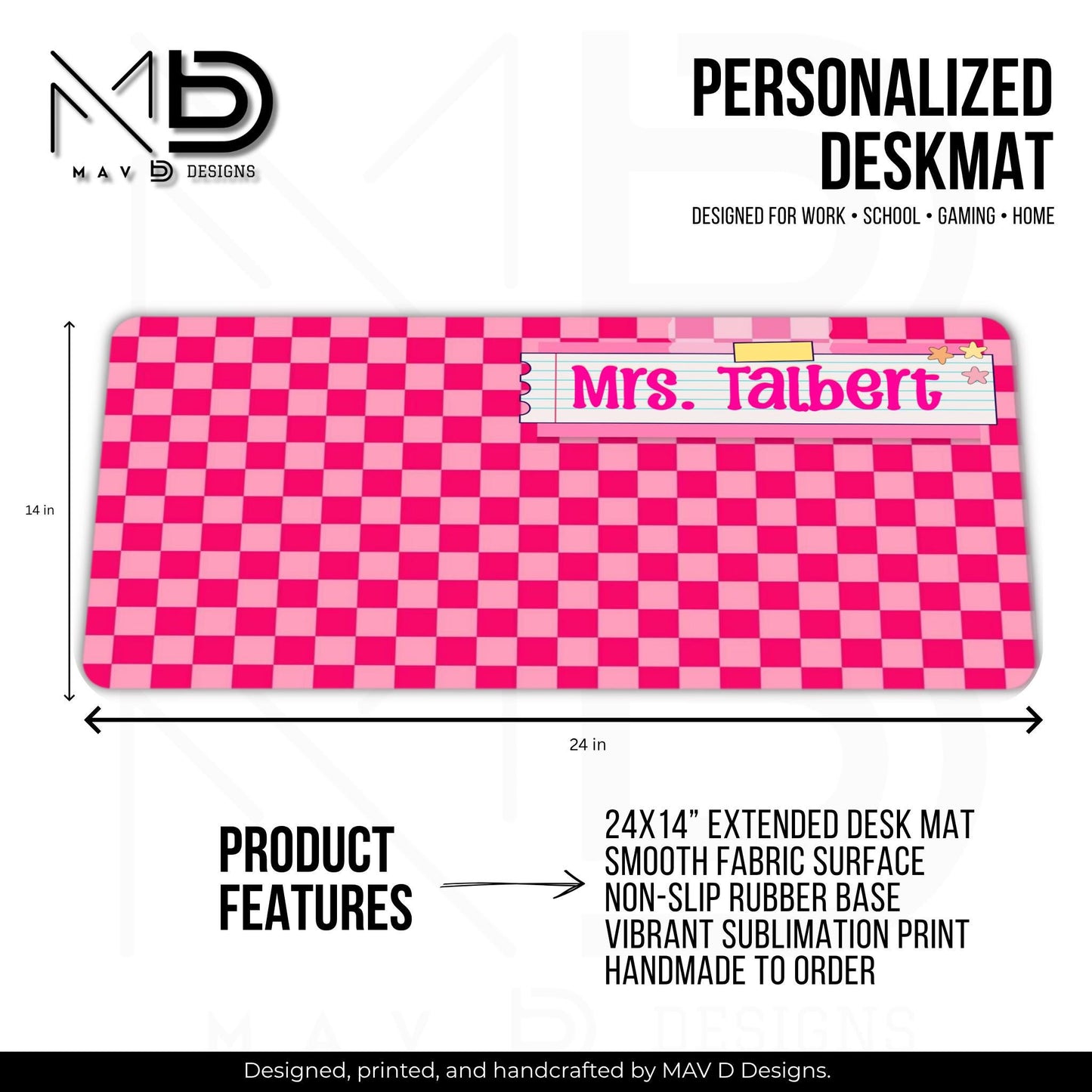 Personalized Deskmat | Hot Pink Checkered | Pink Post It Washi Tape Nameplate | Custom Name