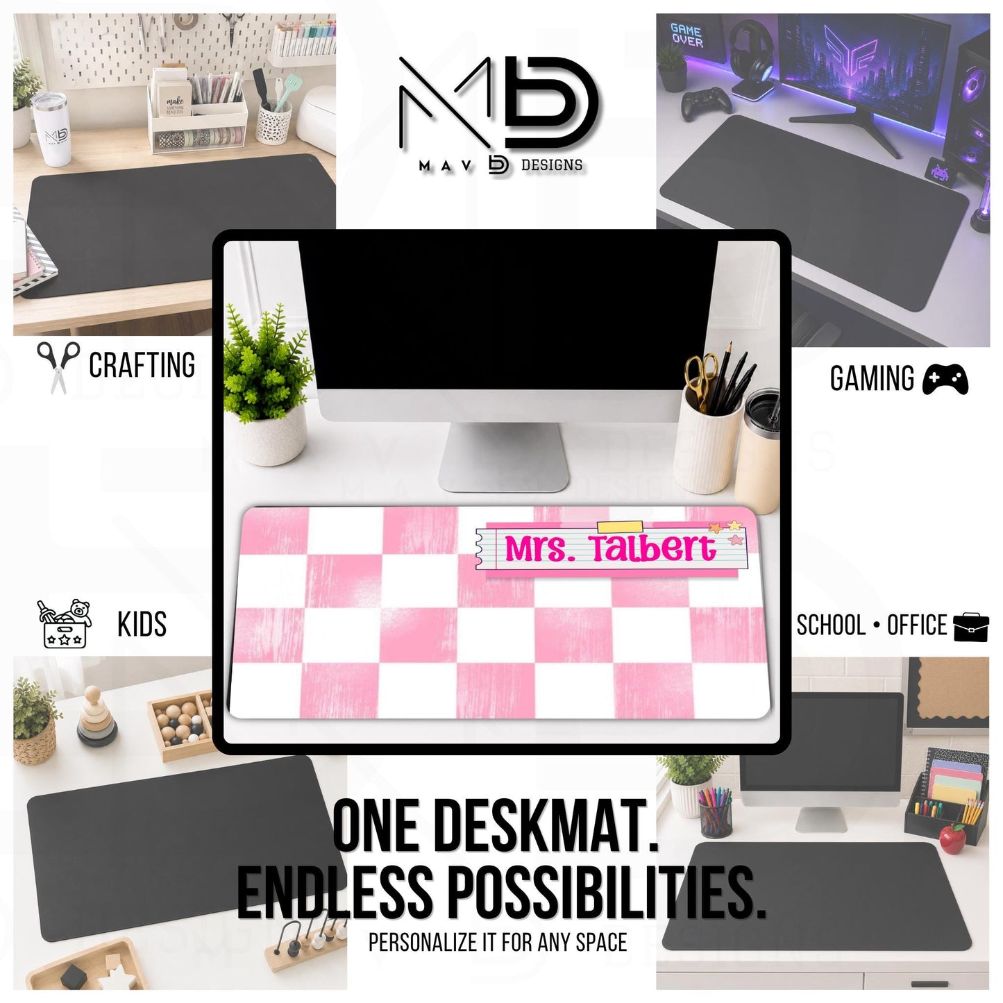 Personalized Deskmat | Distressed Soft Pink Checkered | Pink Post It Washi Tape Nameplate | Custom Name