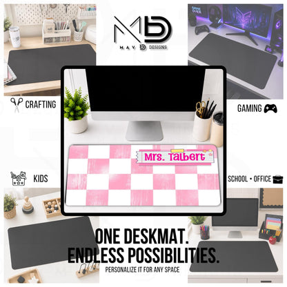 Personalized Deskmat | Distressed Soft Pink Checkered | Pink Post It Washi Tape Nameplate | Custom Name