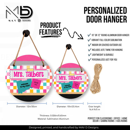 Personalized Teacher Door Hanger | Bright Checkered Washi Tape Nameplate | Sticky Notes| 10” or 12” Metal Door Decor