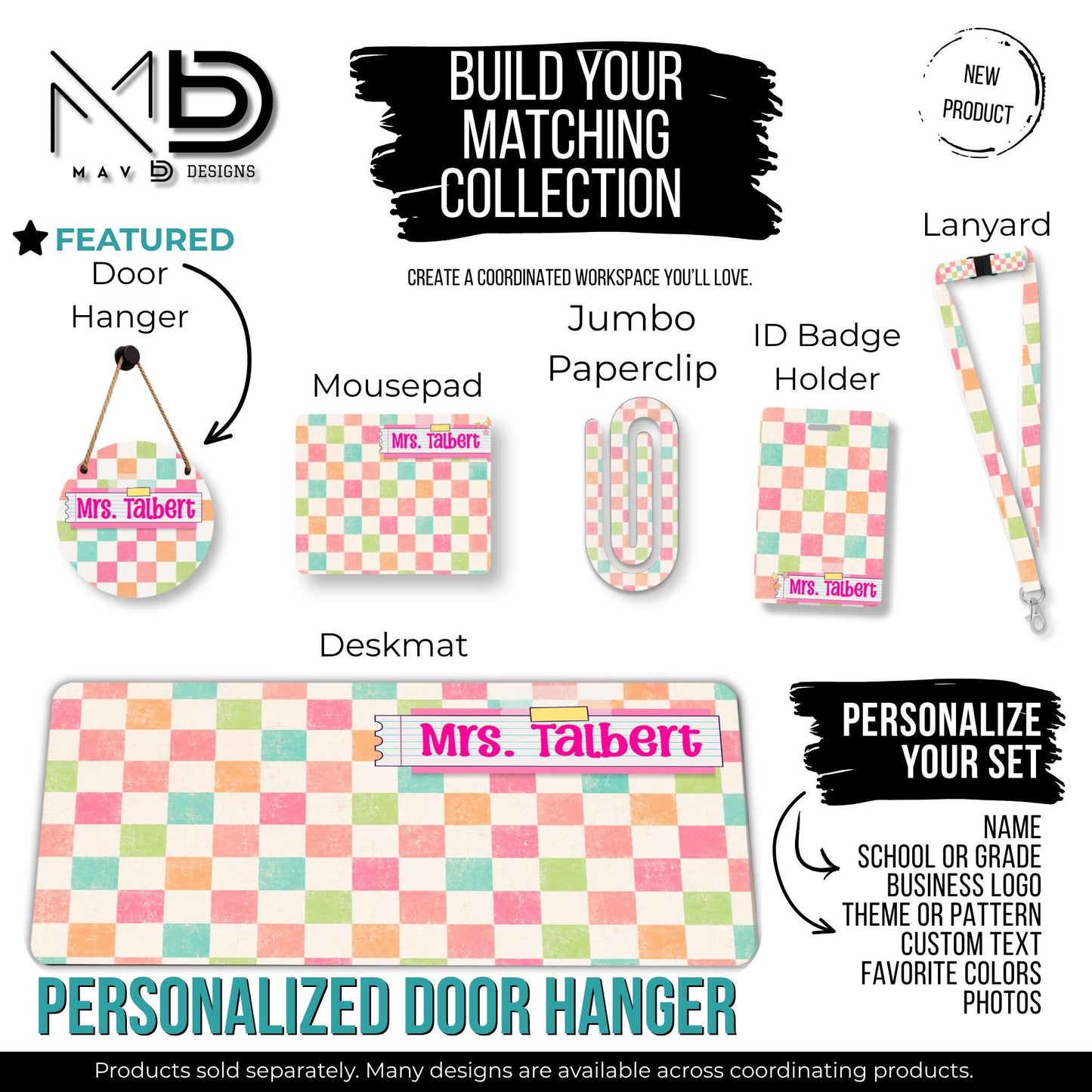 Personalized Teacher Door Hanger | Distressed Pastel Checkered Washi Tape Nameplate | 10” or 12” Metal Door Decor