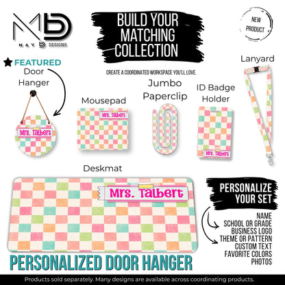 Personalized Teacher Door Hanger | Distressed Pastel Checkered Washi Tape Nameplate | 10” or 12” Metal Door Decor