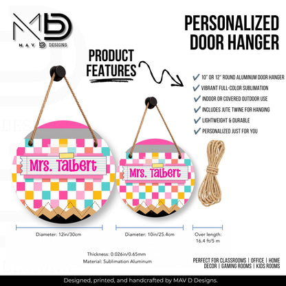 Personalized Teacher Door Hanger | Bright Checkered Washi Tape Nameplate |  10” or 12” Metal Door Decor