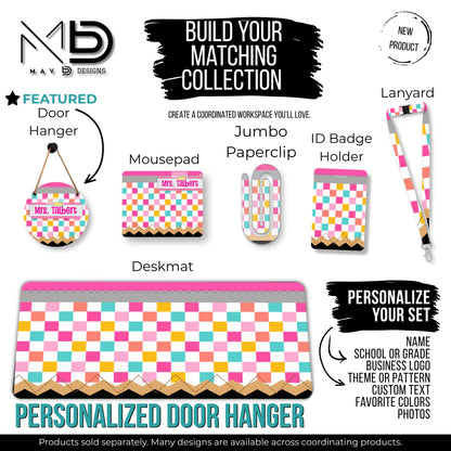 Personalized Teacher Door Hanger | Bright Checkered Washi Tape Nameplate |  10” or 12” Metal Door Decor