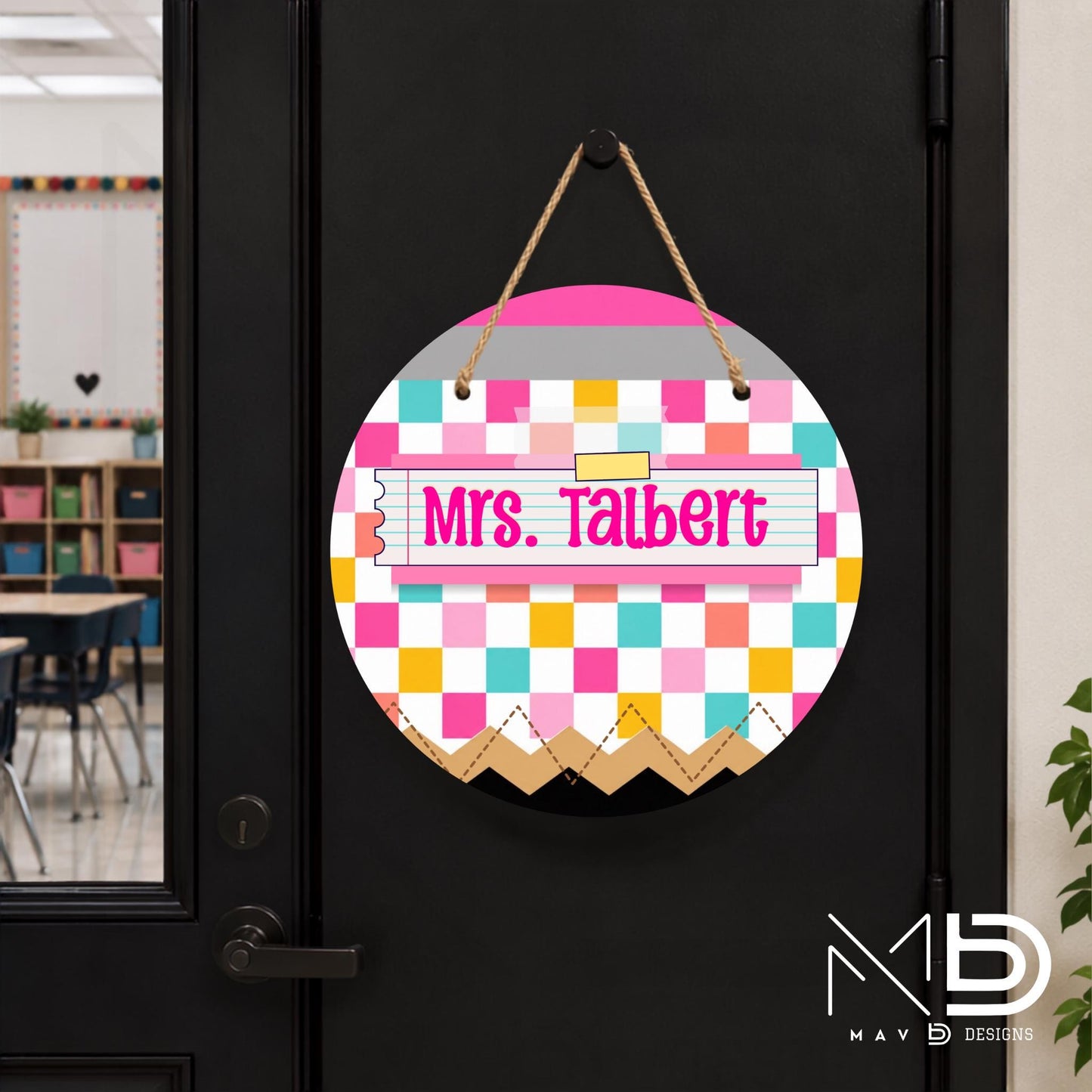 Personalized Teacher Door Hanger | Bright Checkered Washi Tape Nameplate |  10” or 12” Metal Door Decor