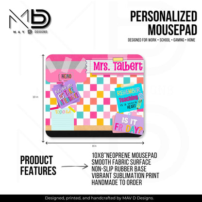 Personalized Teacher Mouse Pad | Bright Checkered Washi Tape Name Plate | Sticky Notes | Custom Name