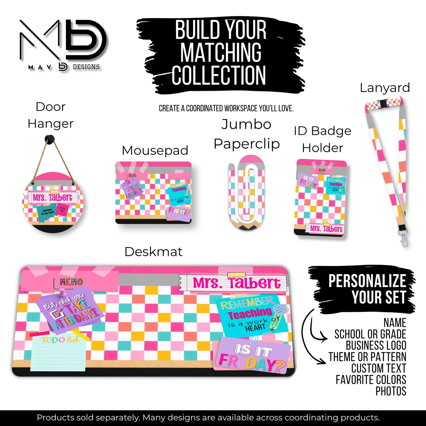 Personalized Teacher Mouse Pad | Bright Checkered Washi Tape Name Plate | Sticky Notes | Custom Name