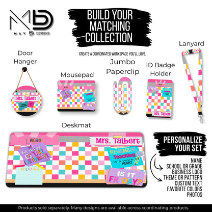 Personalized Teacher Mouse Pad | Bright Checkered Washi Tape Name Plate | Sticky Notes | Custom Name