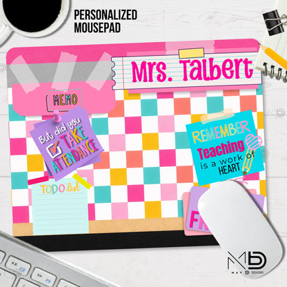 Personalized Teacher Mouse Pad | Bright Checkered Washi Tape Name Plate | Sticky Notes | Custom Name