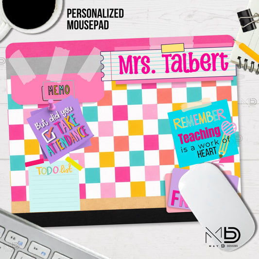 Personalized Teacher Mouse Pad | Bright Checkered Washi Tape Name Plate | Sticky Notes | Custom Name