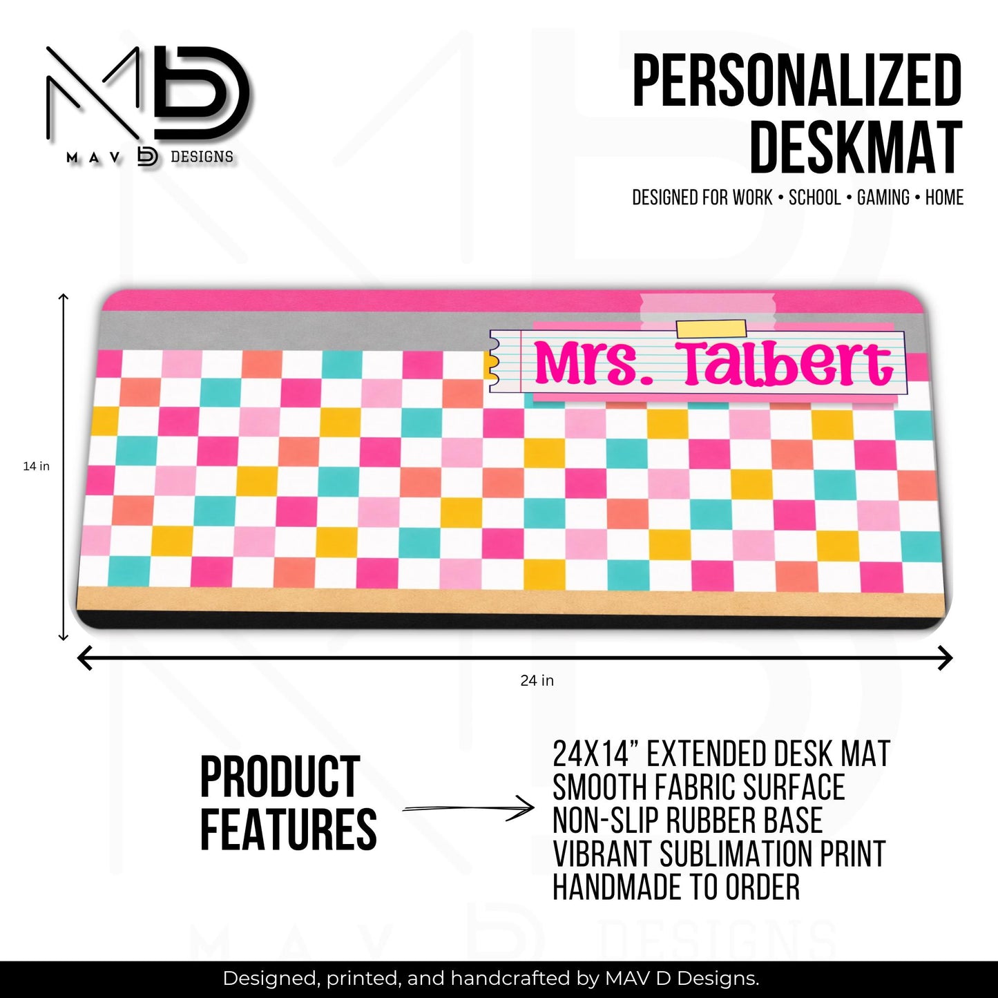 Personalized Deskmat | Bright Checkered Pencil Layers | Post-It Washi Tape Nameplate | Custom Name