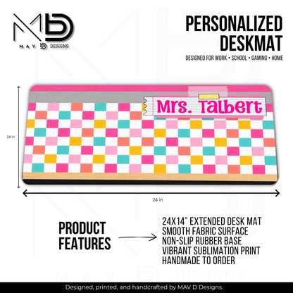 Personalized Deskmat | Bright Checkered Pencil Layers | Post-It Washi Tape Nameplate | Custom Name