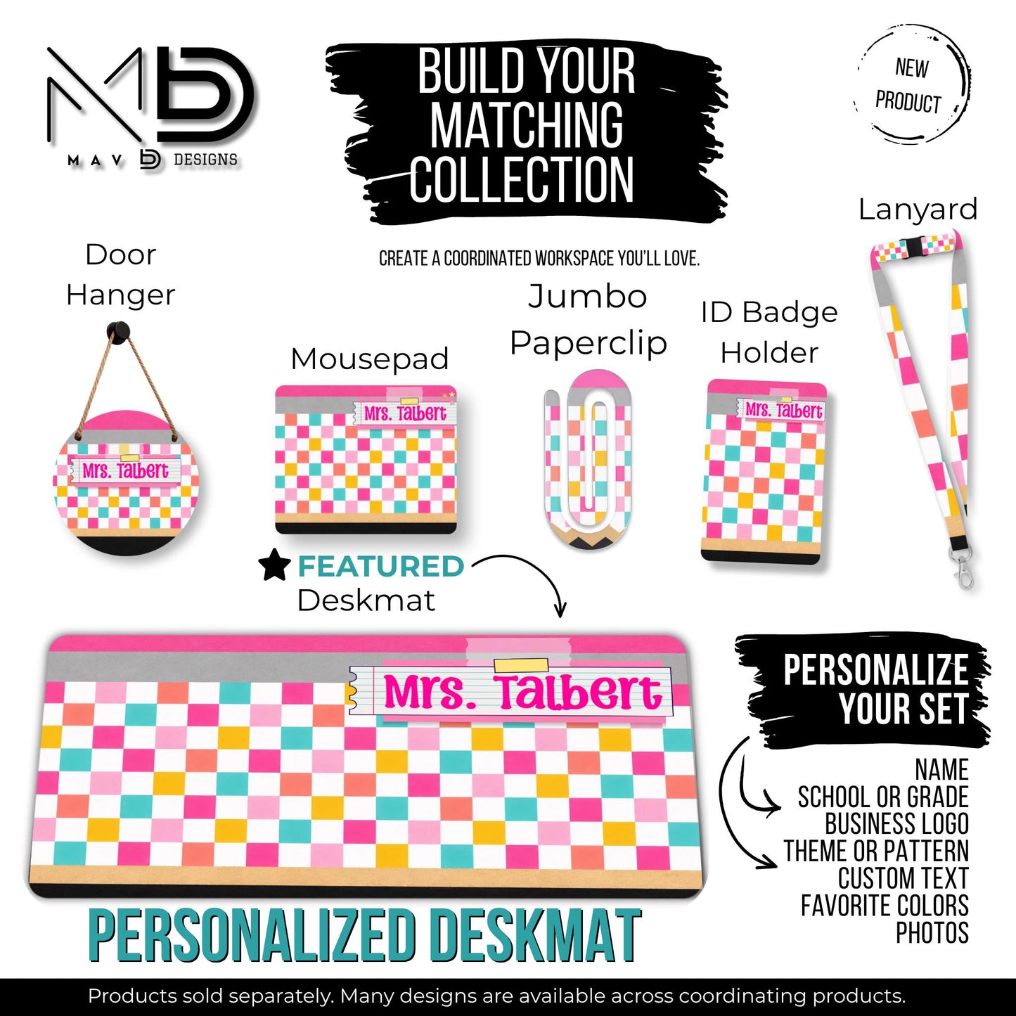 Personalized Deskmat | Bright Checkered Pencil Layers | Post-It Washi Tape Nameplate | Custom Name