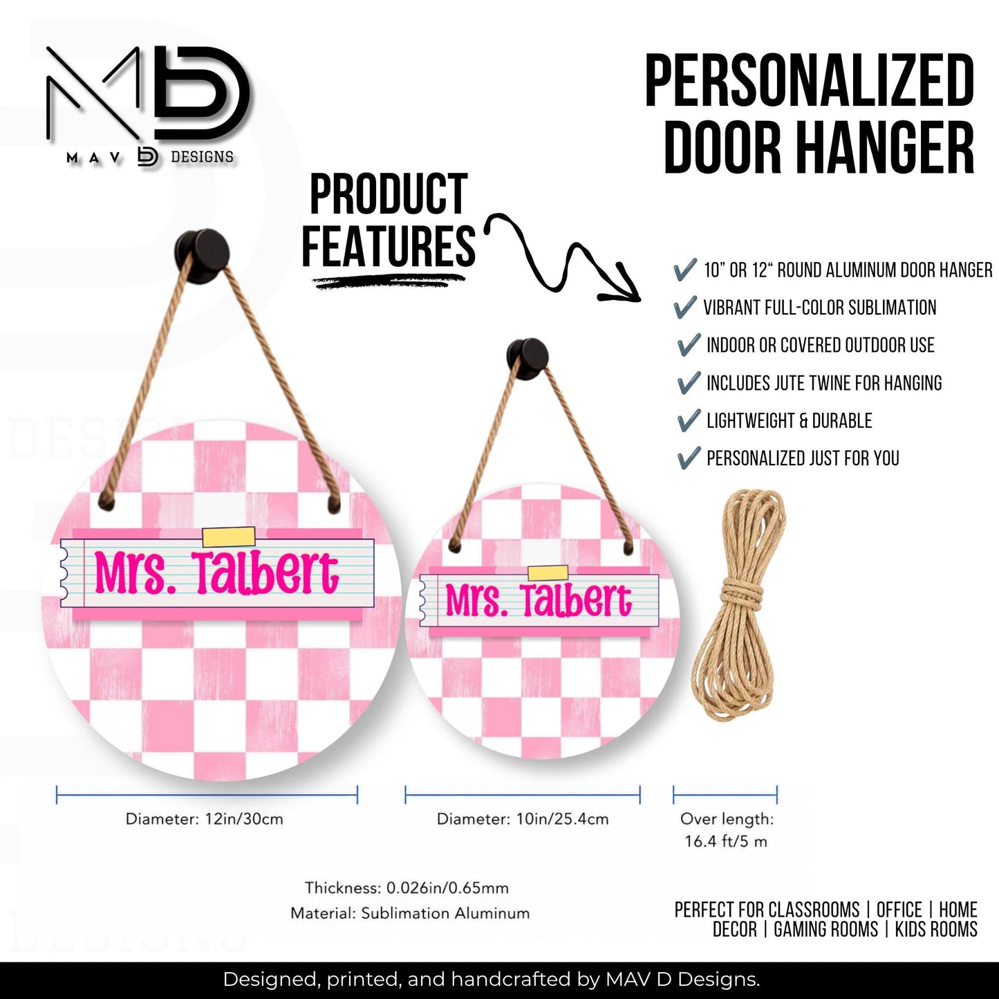 Personalized Teacher Door Hanger | Pink Distressed Checkered Washi Tape Nameplate |  10” or 12” Metal Door Decor