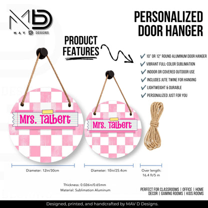 Personalized Teacher Door Hanger | Pink Distressed Checkered Washi Tape Nameplate |  10” or 12” Metal Door Decor