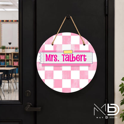 Personalized Teacher Door Hanger | Pink Distressed Checkered Washi Tape Nameplate |  10” or 12” Metal Door Decor