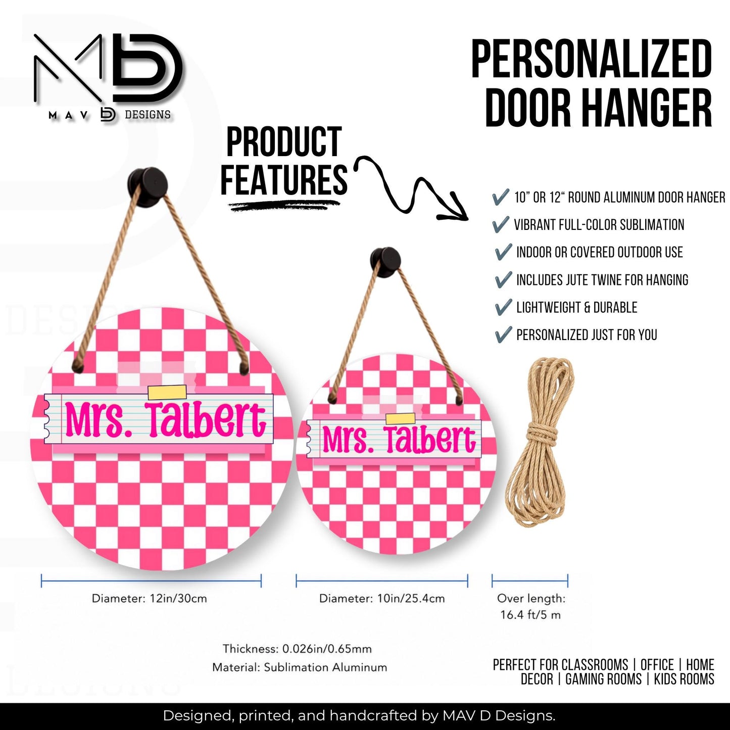 Personalized Teacher Door Hanger | Hot Pink Checkered Washi Tape Nameplate |  10” or 12” Metal Door Decor