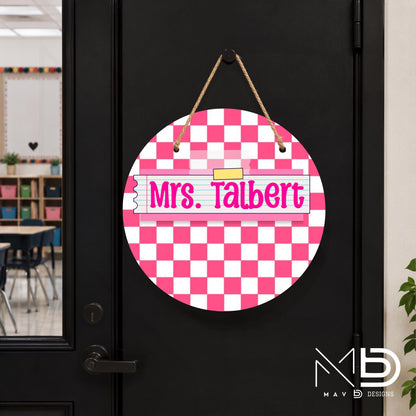 Personalized Teacher Door Hanger | Hot Pink Checkered Washi Tape Nameplate |  10” or 12” Metal Door Decor