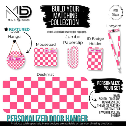 Personalized Teacher Door Hanger | Hot Pink Checkered Washi Tape Nameplate |  10” or 12” Metal Door Decor