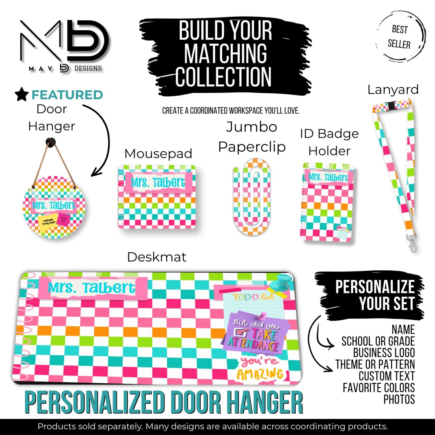 Personalized Teacher Door Hanger | Vibrant Checkered Washi Tape Nameplate | Post It Notes |  10” or 12” Metal Door Decor