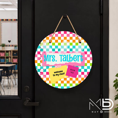 Personalized Teacher Door Hanger | Vibrant Checkered Washi Tape Nameplate | Post It Notes |  10” or 12” Metal Door Decor