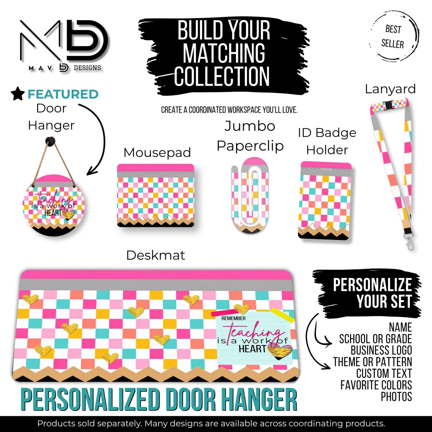 Personalized Teacher Door Hanger | Bright Checkered | Teaching Is A Work of Heart |  10” or 12” Metal Door Decor
