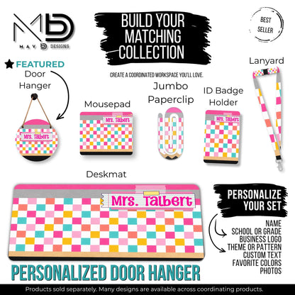 Personalized Teacher Door Hanger | Bright Checkered | Pencil | Washi Tape Nameplate |  10” or 12” Metal Door Decor