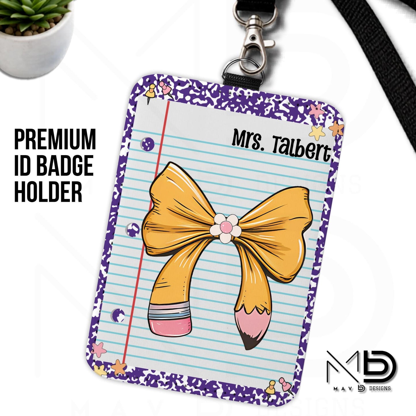 Personalized ID Badge Holder | Pencil Bow Paper Composition {+COLOR OPTIONS}