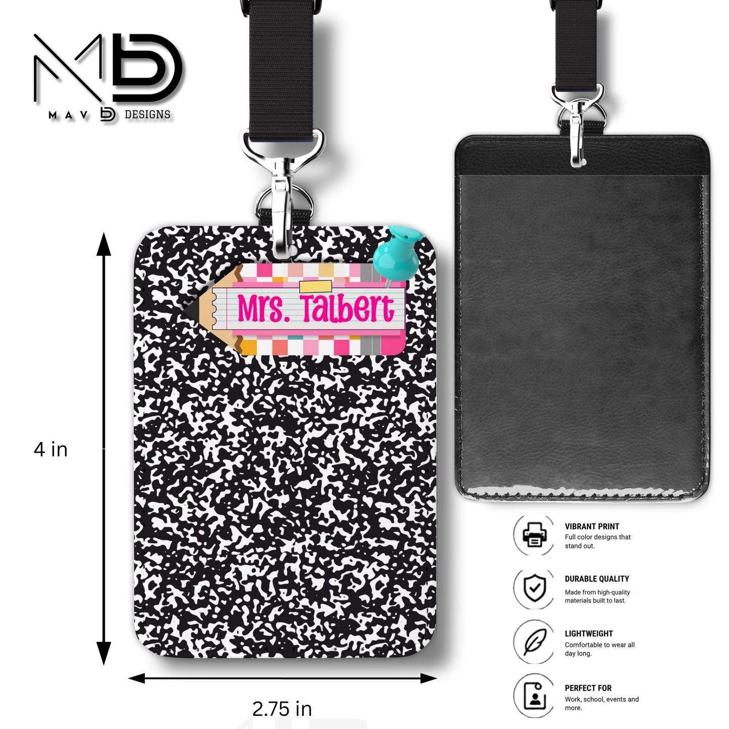 Personalized ID Badge Holder | Black Composition Bright Vibrant Pencil Name Plate | Custom Name
