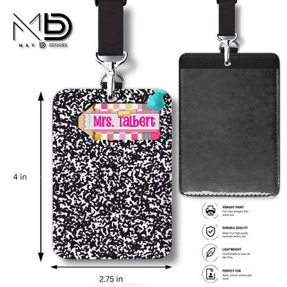 Personalized ID Badge Holder | Black Composition Bright Vibrant Pencil Name Plate | Custom Name