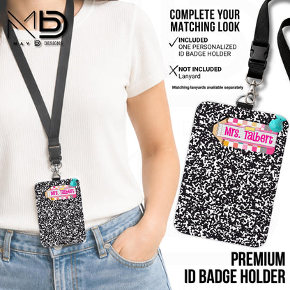 Personalized ID Badge Holder | Black Composition Bright Vibrant Pencil Name Plate | Custom Name