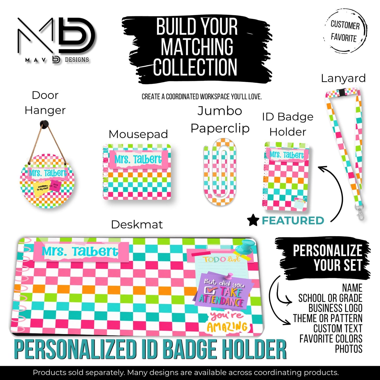Personalized ID Badge Holder | Bright Vibrant Checkered Washi Tape Sticky Notes | Custom Name