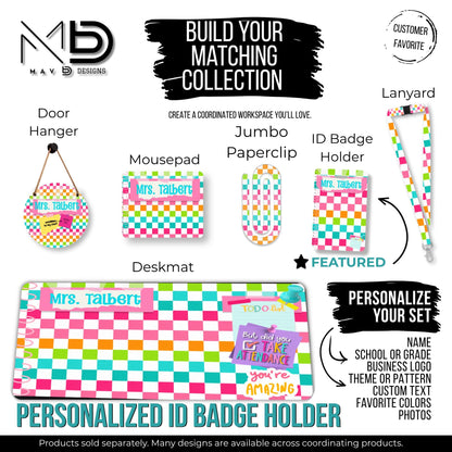 Personalized ID Badge Holder | Bright Vibrant Checkered Washi Tape Sticky Notes | Custom Name
