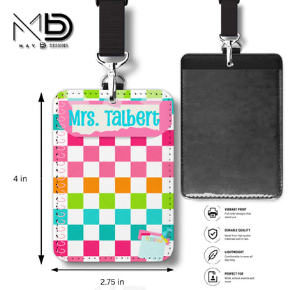 Personalized ID Badge Holder | Bright Vibrant Checkered Washi Tape Sticky Notes | Custom Name