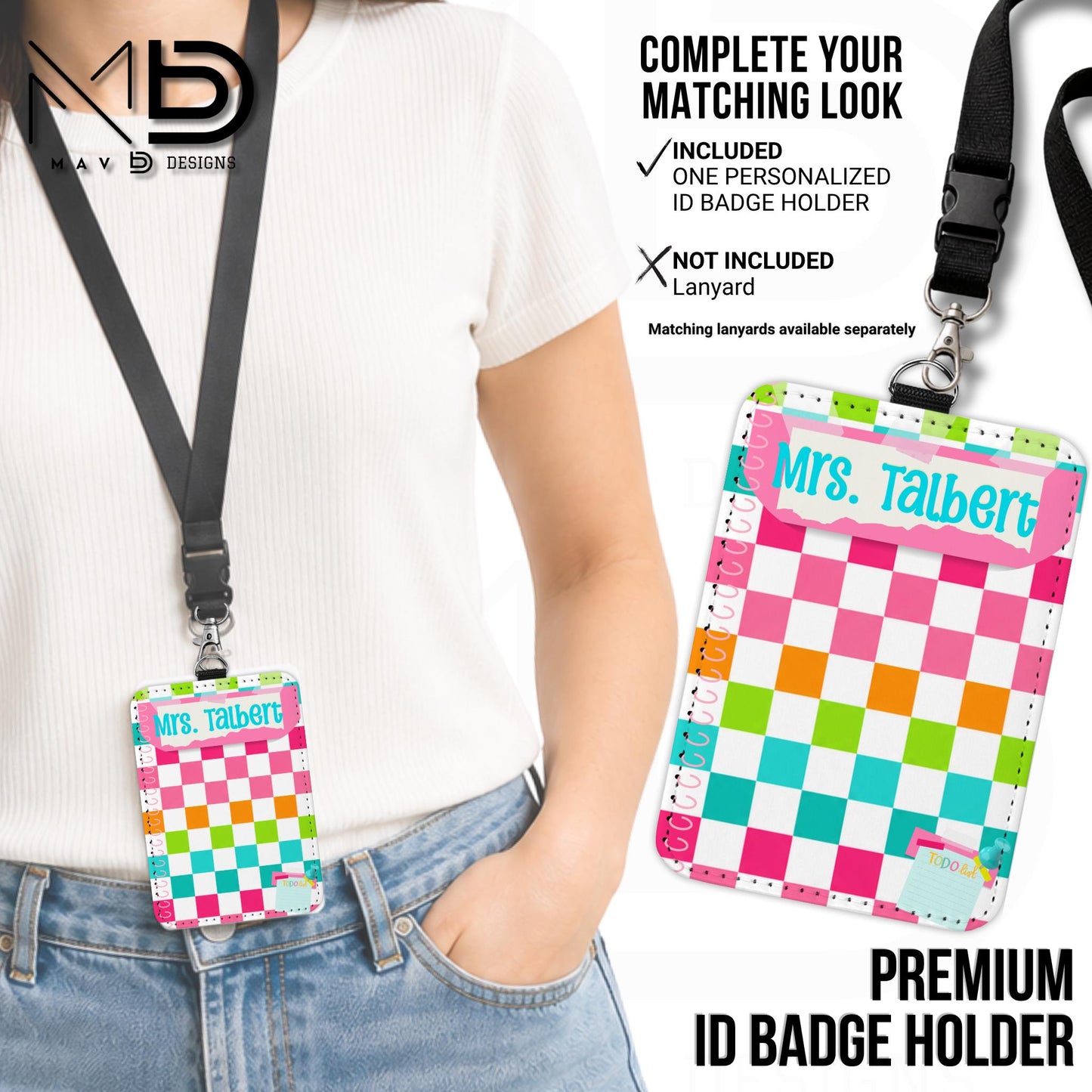 Personalized ID Badge Holder | Bright Vibrant Checkered Washi Tape Sticky Notes | Custom Name