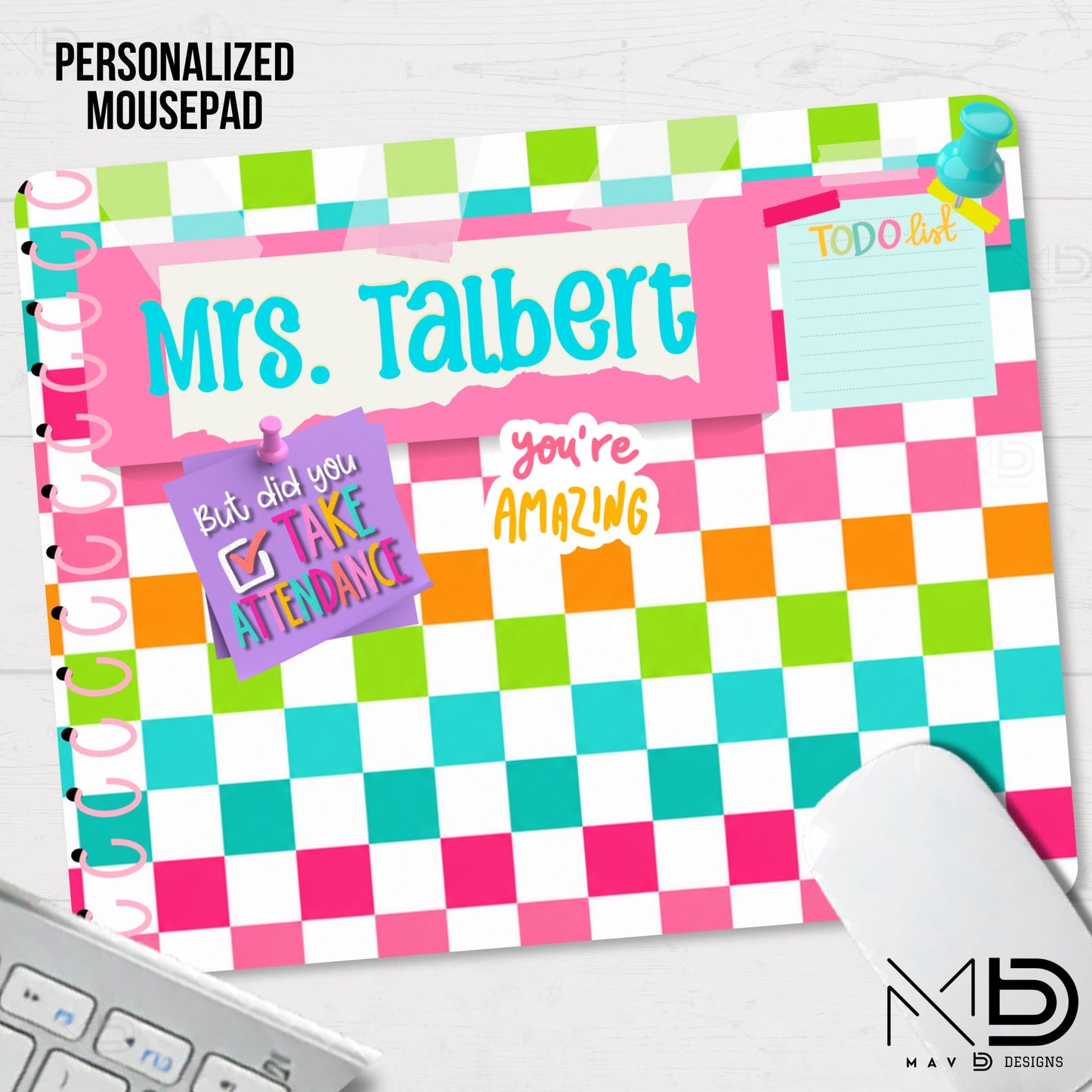 Personalized Teacher Mouse Pad | Vibrant Checkered Washi Tape Sticky Notes | Custom Name