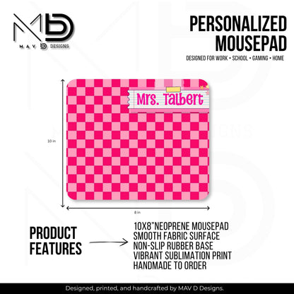 Personalized Teacher Mouse Pad | Hot Pink Checkered Washi Tape Name Plate | Custom Name