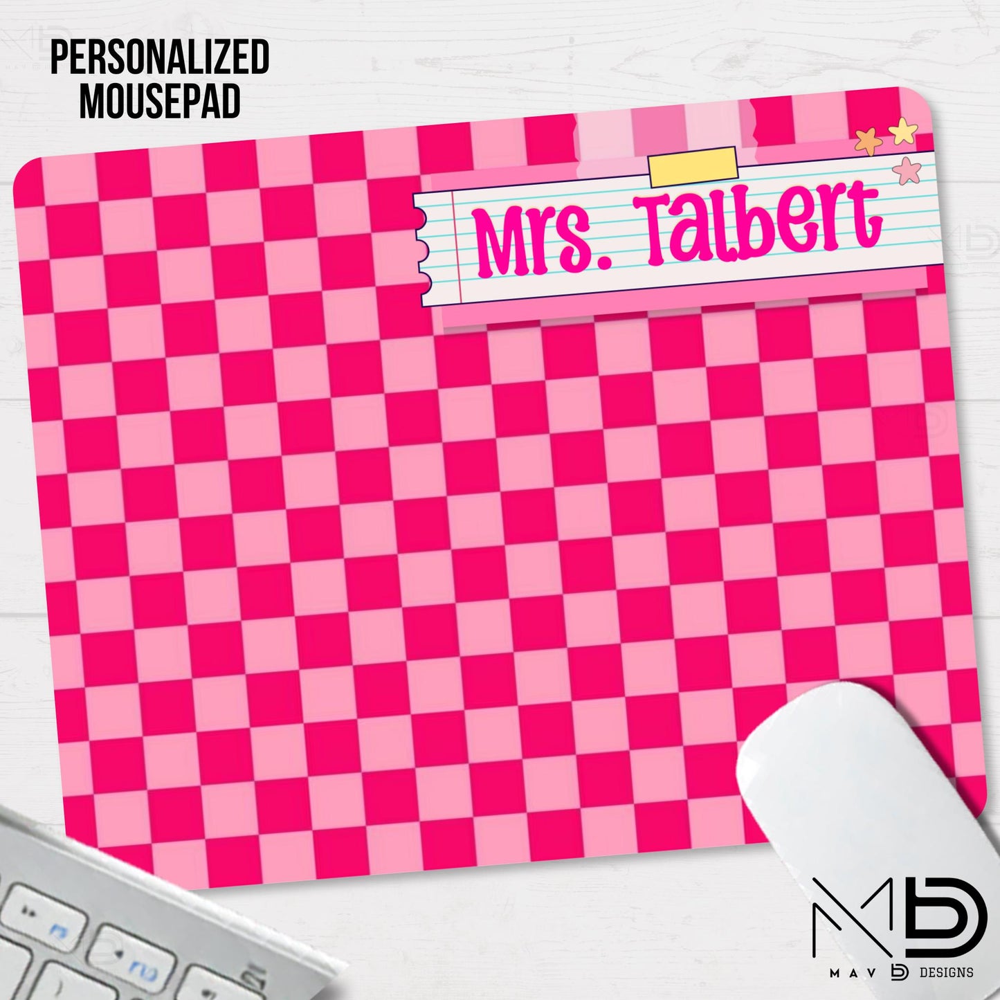 Personalized Teacher Mouse Pad | Hot Pink Checkered Washi Tape Name Plate | Custom Name