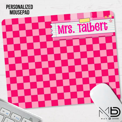Personalized Teacher Mouse Pad | Hot Pink Checkered Washi Tape Name Plate | Custom Name