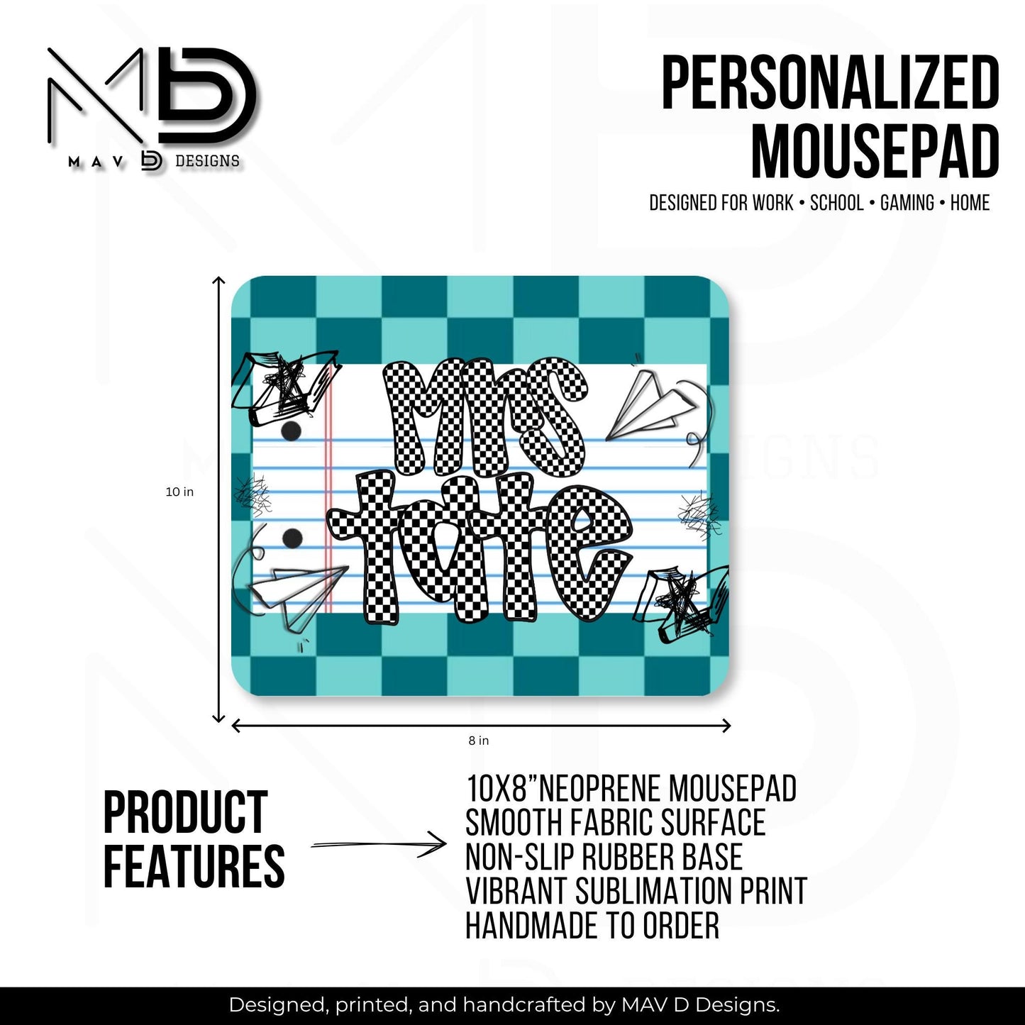 Personalized Teacher Mouse Pad | Teal Checkered Paper Doodles | Checkered Name