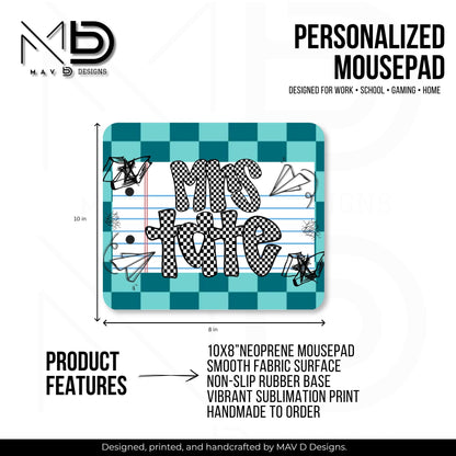 Personalized Teacher Mouse Pad | Teal Checkered Paper Doodles | Checkered Name