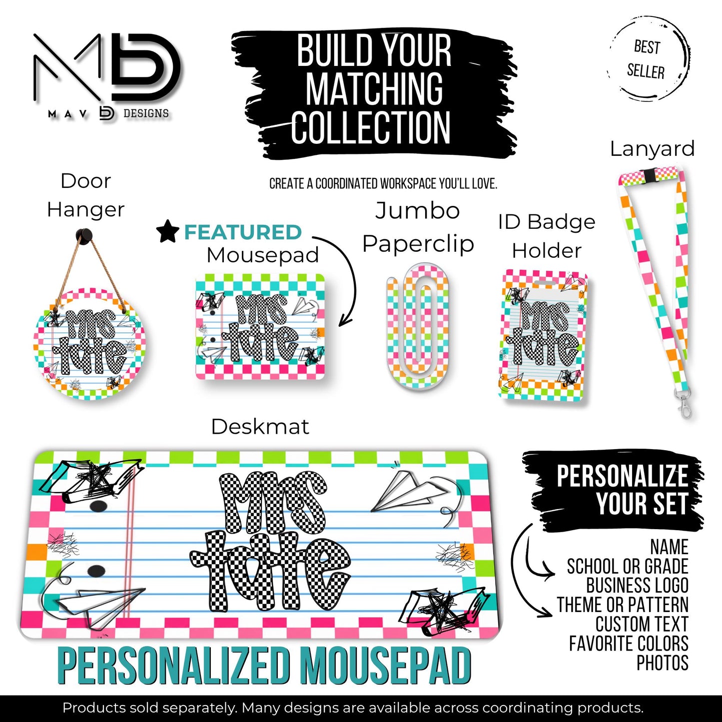 Personalized Teacher Mouse Pad | Vibrant Checkered Paper Doodles | Checkered Name