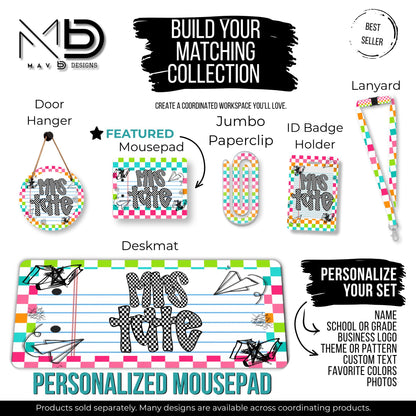 Personalized Teacher Mouse Pad | Vibrant Checkered Paper Doodles | Checkered Name