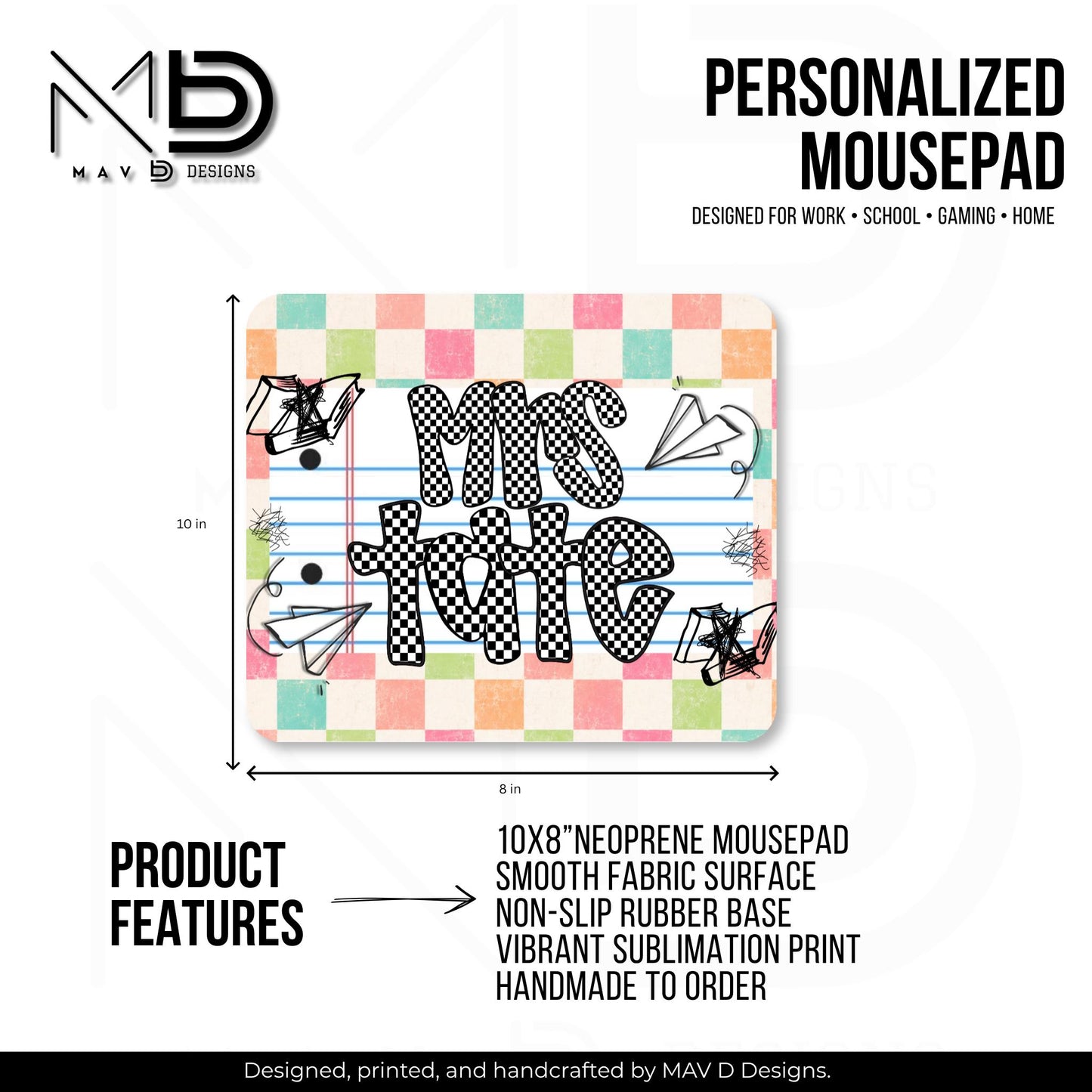 Personalized Teacher Mouse Pad | Pastel Checkered Paper Doodles | Checkered Name