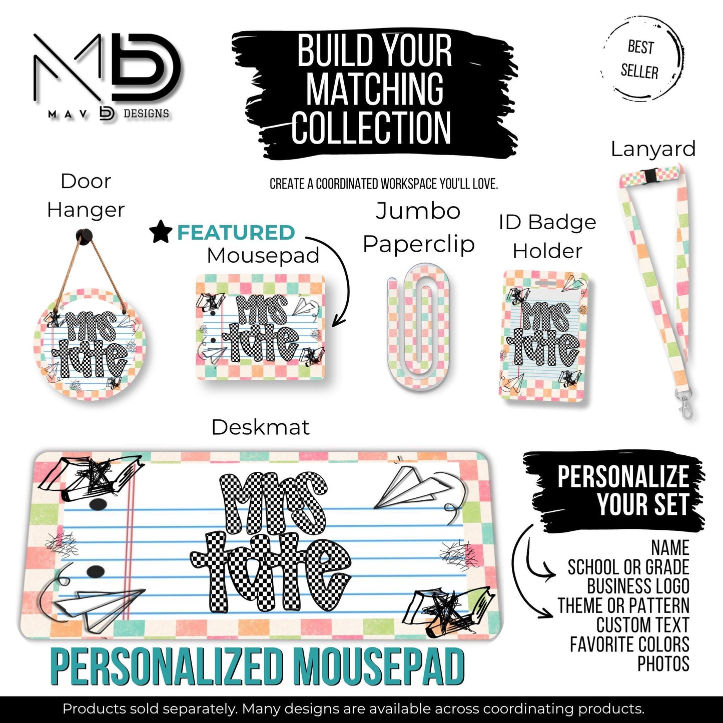 Personalized Teacher Mouse Pad | Pastel Checkered Paper Doodles | Checkered Name